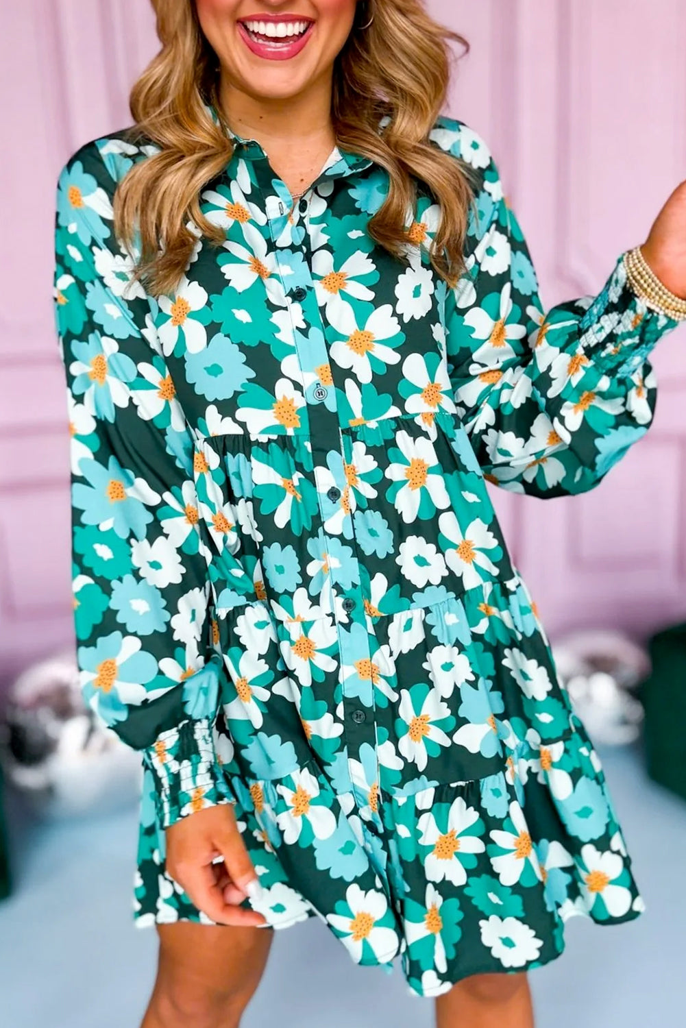 Green Floral Long Puff Sleeve Dress. GCollection