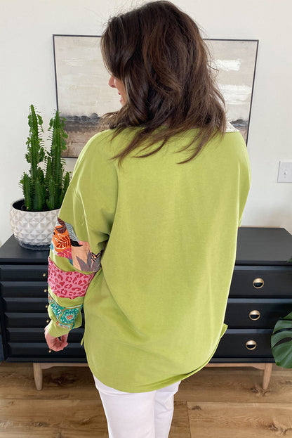 Green Patchwork Sleeve Split Sweatshirt. PSCollection