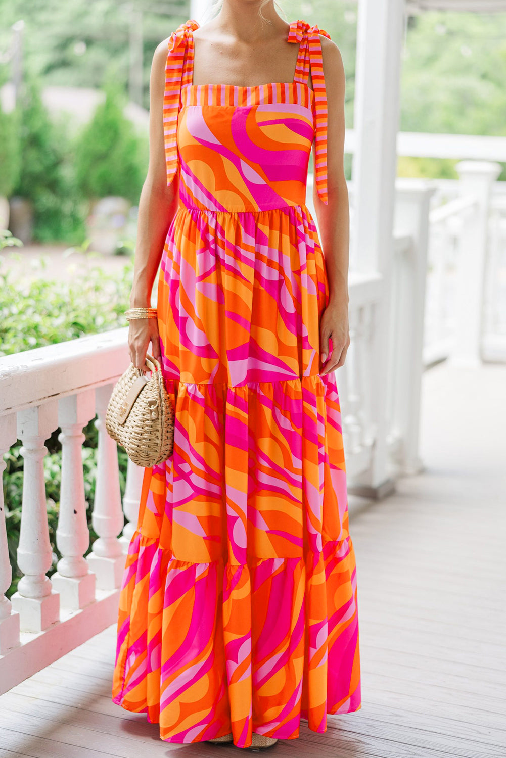 Red Abstract Print Knotted Shoulder High Waist Maxi Dress. GCollection