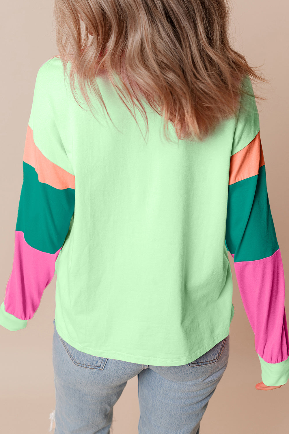 Green Colorblock Long Sleeve Loose Top. GCollection