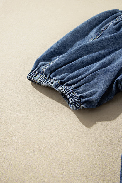 Sail Blue Plus  V Neck Puff Sleeve Denim Blouse. PSCollection