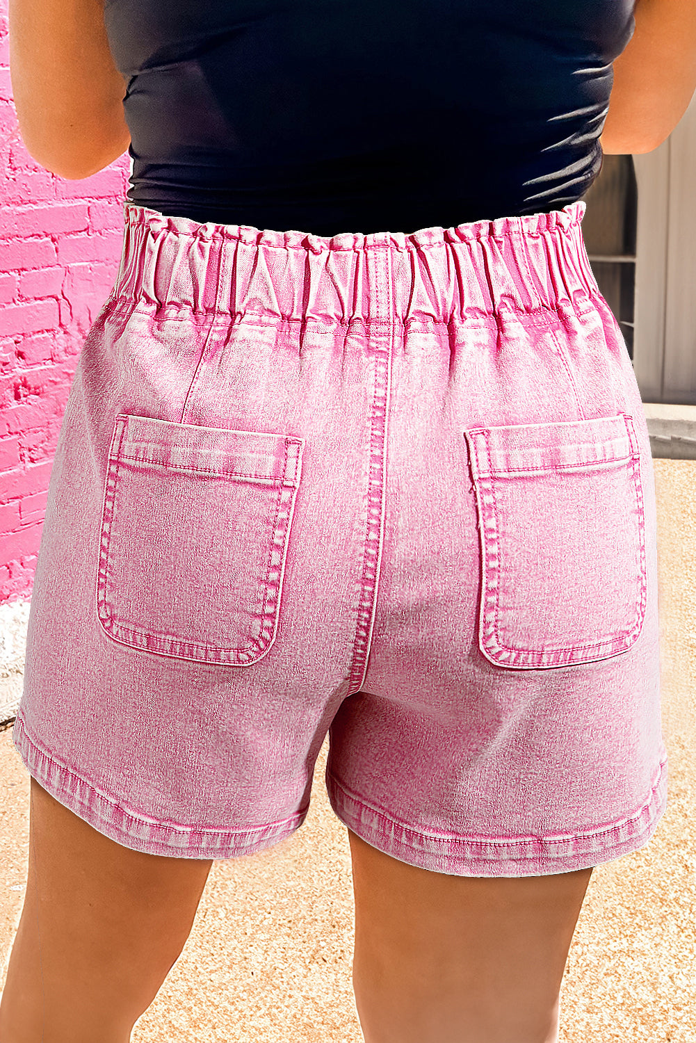 Strawberry Pink Elastic High Waisted Denim Shorts. GCollection