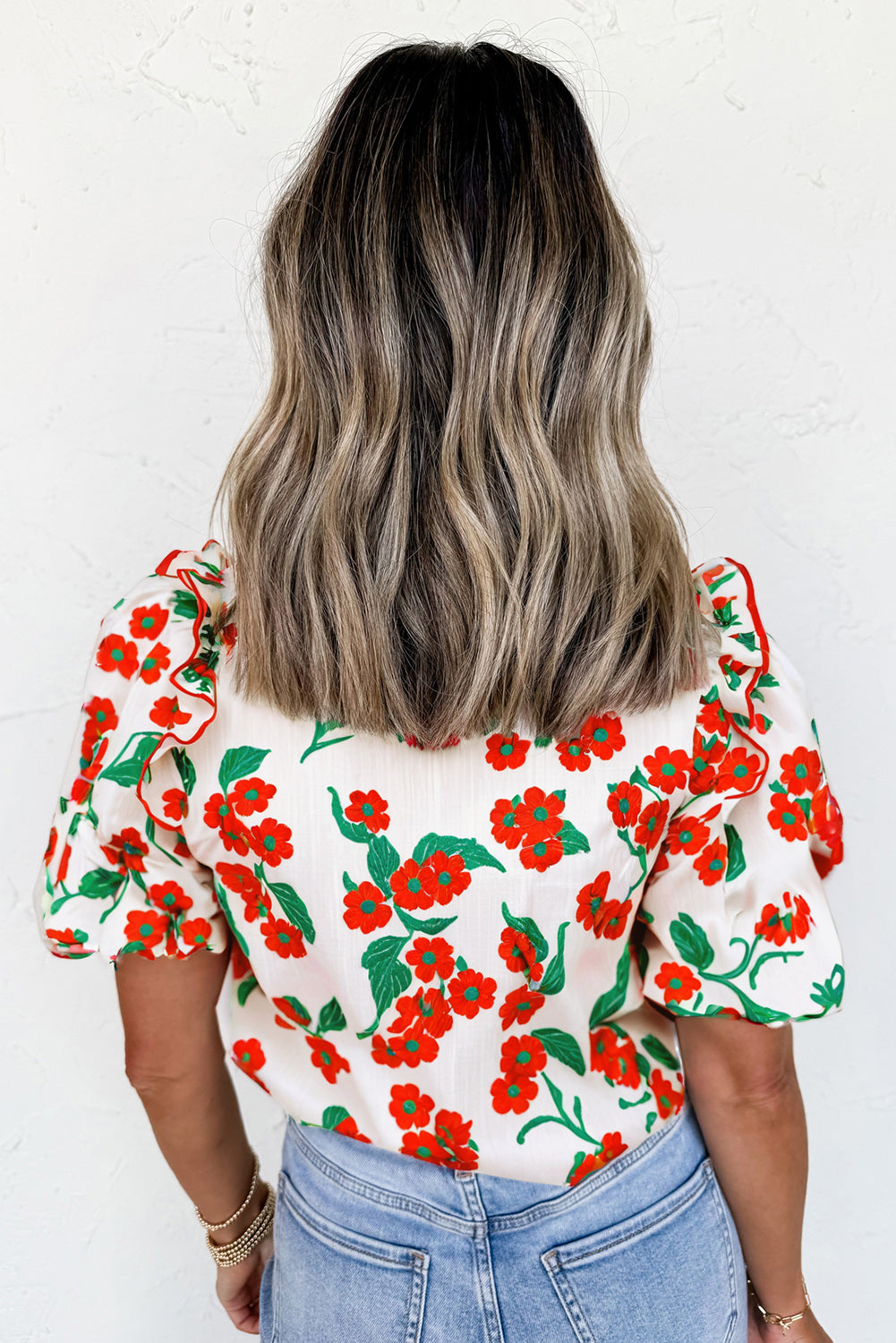 Red Floral Print Ruffled Puff Sleeve. GCollection
