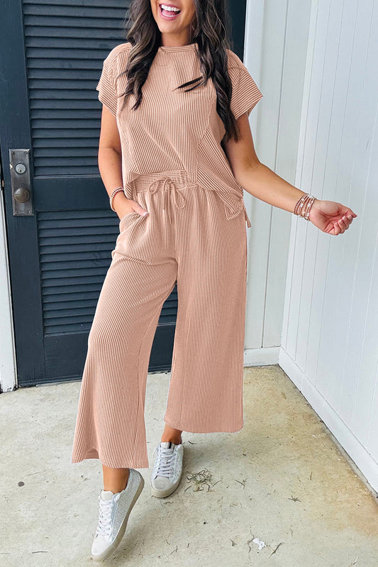 Smoke Gray Solid Corded Knit Short Sleeve T Shirt and Wide Leg Pants Set. GCollection