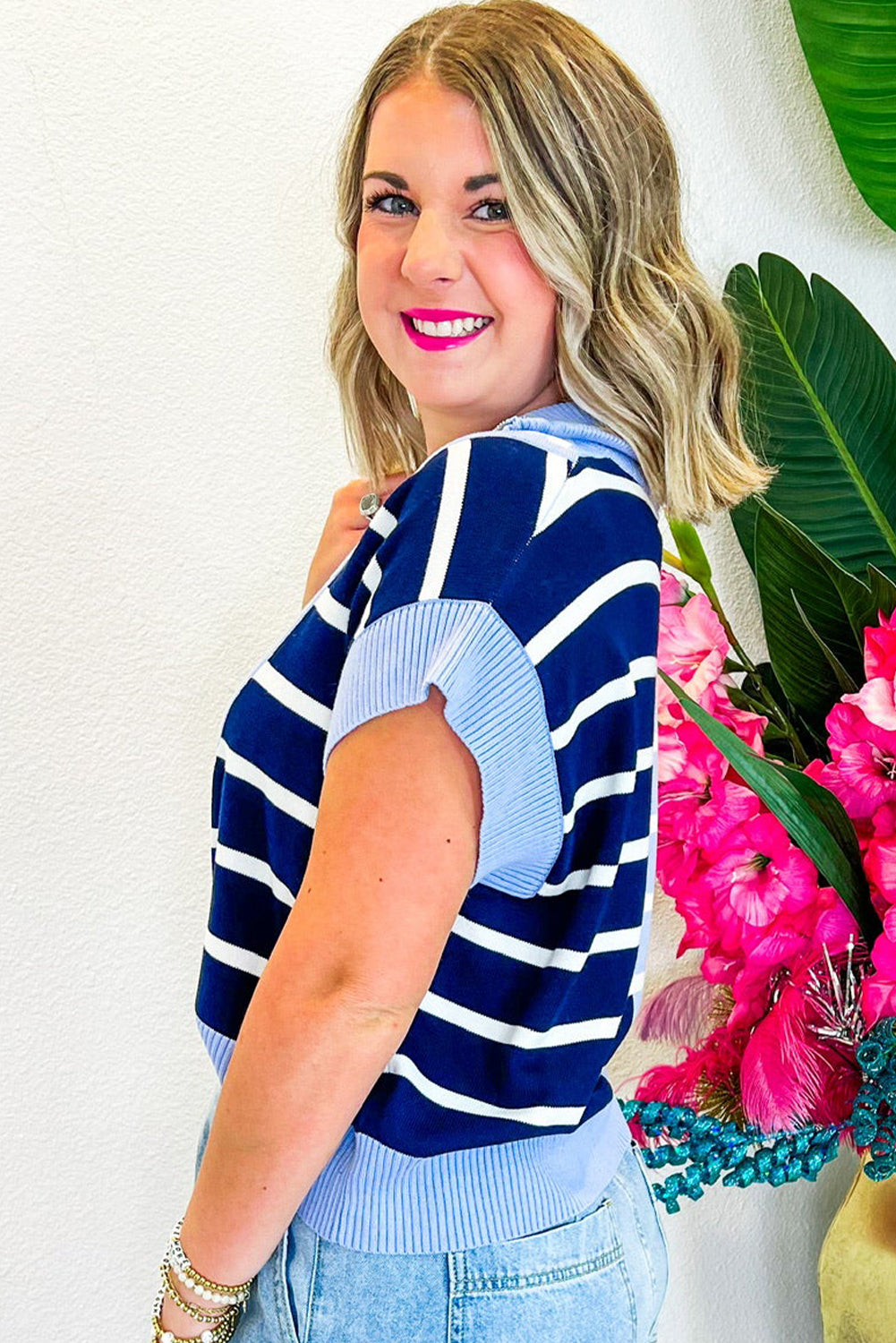 Sky Blue Stripe Colorblock Top