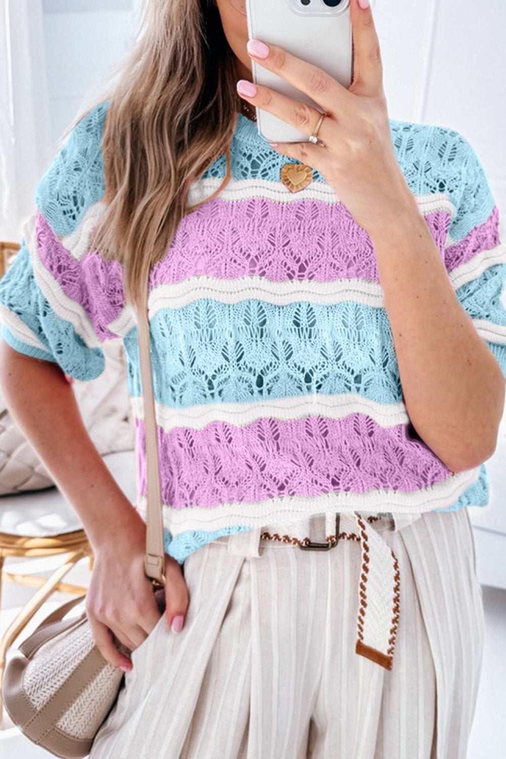 Purple Stripe Crochet Half Sleeve Sweater. GCollection