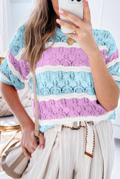 Purple Stripe Crochet Half Sleeve Sweater. GCollection