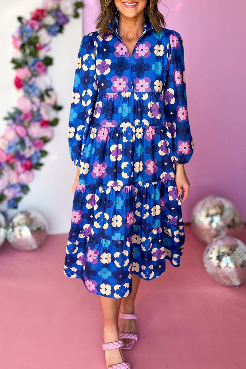 Blue Floral Tiered Ruffle Midi Dress. GCollection