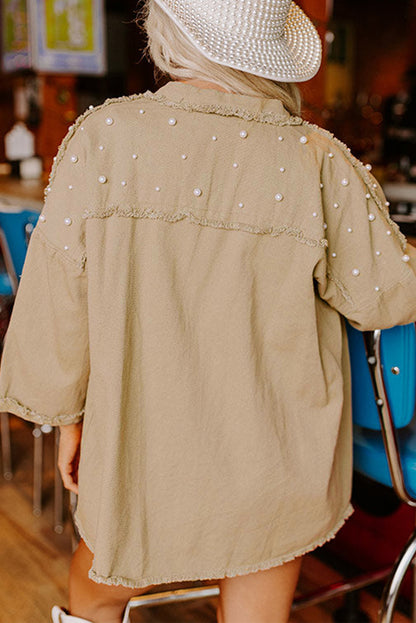 Khaki Pearl Beaded Button Up Denim Jacket. GCollection