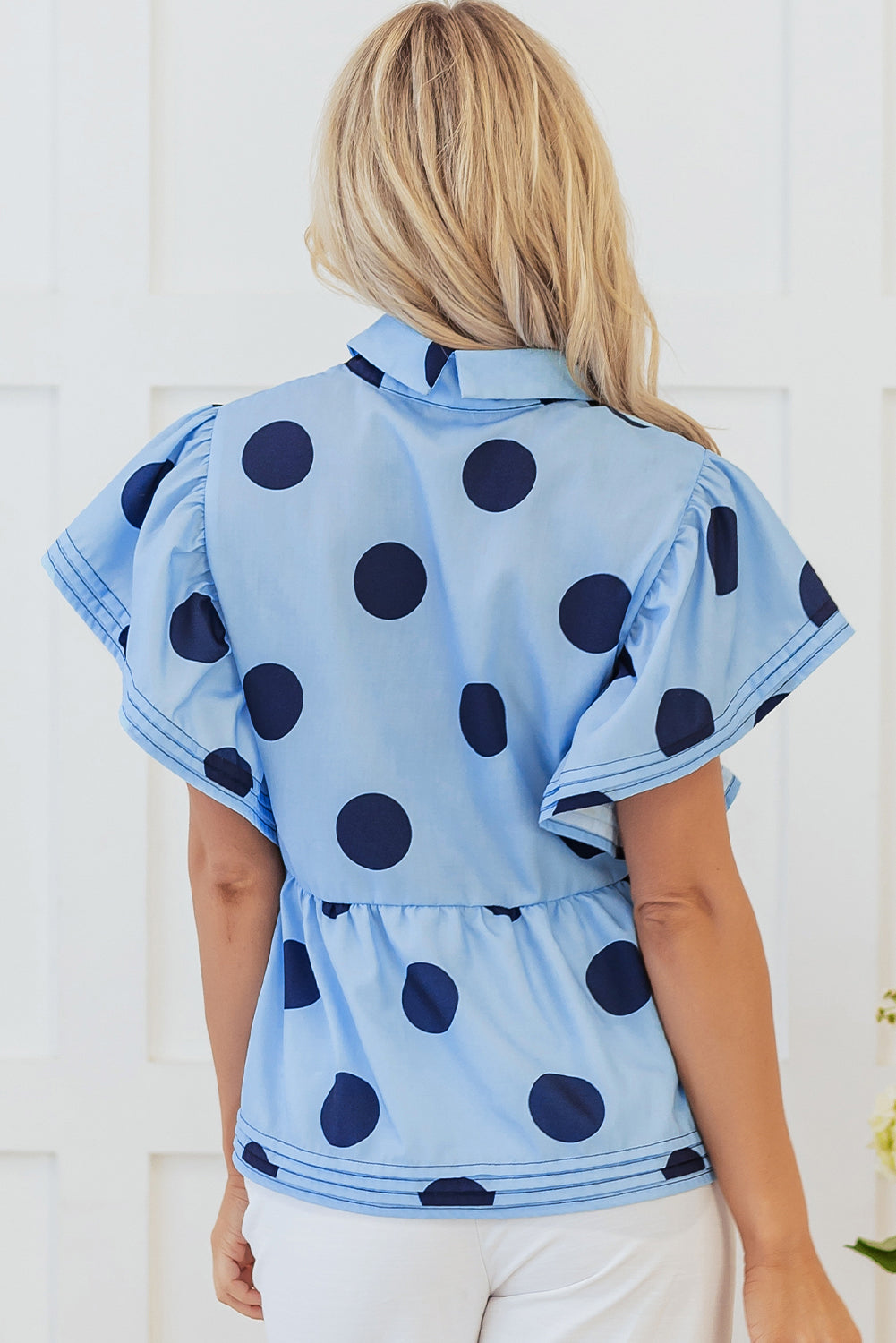 Sky Blue Polka Dot Print Ruffled Blouse. GCollection