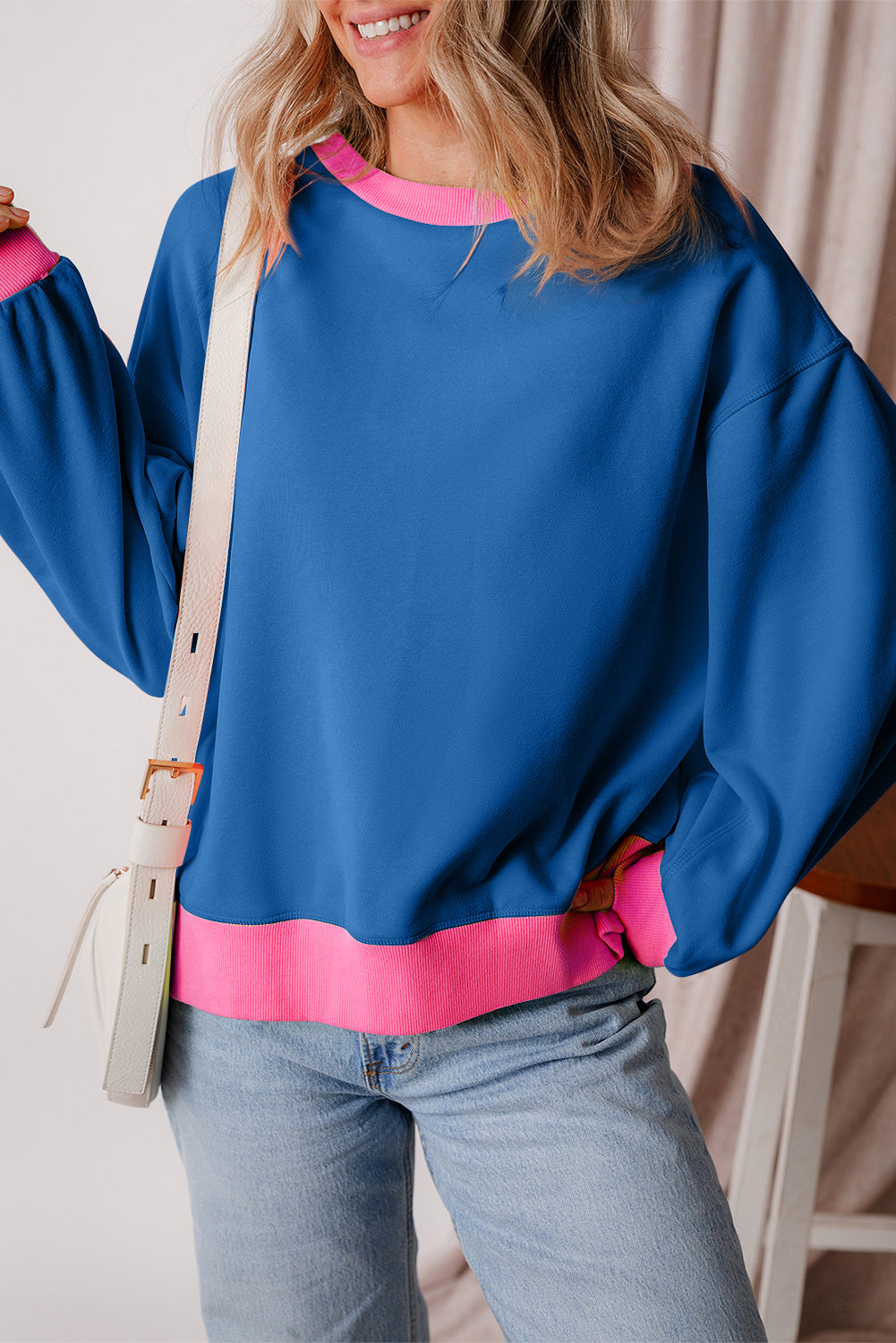 Blue Colorblock Bubble Sleeve Sweatshirt. GCollection