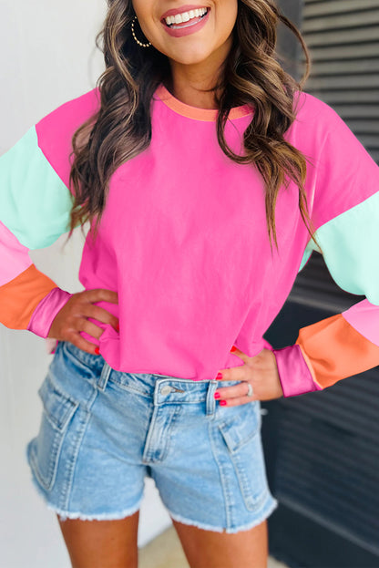 Rose Colorblock Long Sleeve Loose Top. GCollection