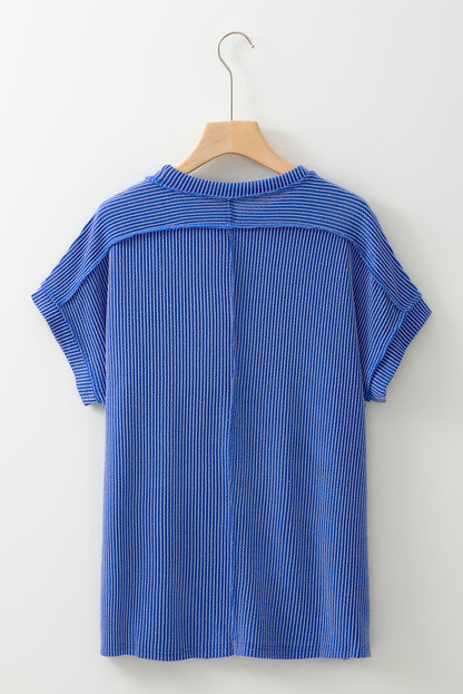 Dark Blue Textured Knit Exposed Stitching T-shirt. GCollection