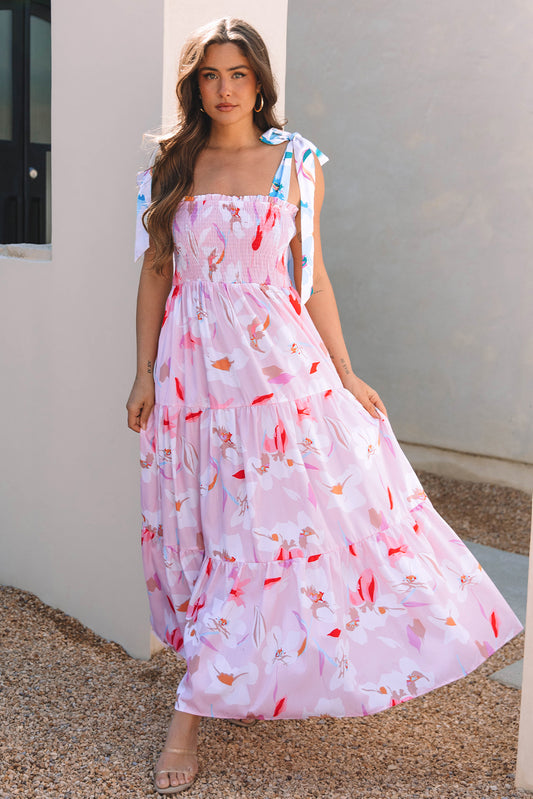 Pink Floral Print Knotted Shoulder Smocked Maxi Dress. GCollection