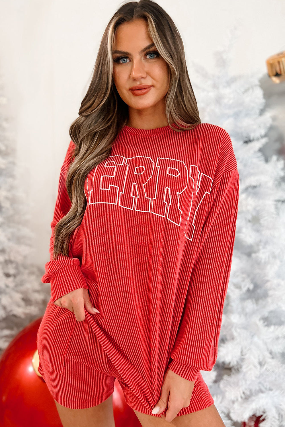 Red Corded MERRY Long Sleeve Top and Shorts Set. GCollection