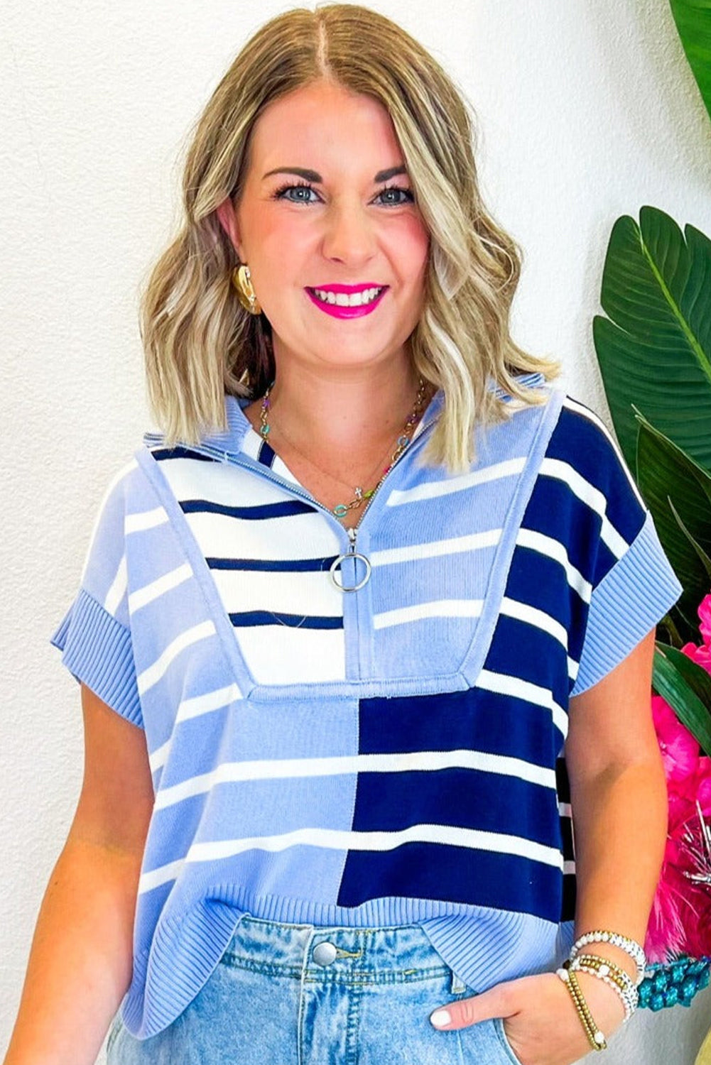 Sky Blue Stripe Colorblock Top