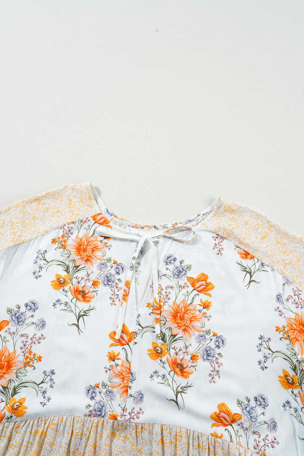 White Floral Print V Neck Puff Sleeve Blouse. PSCollection