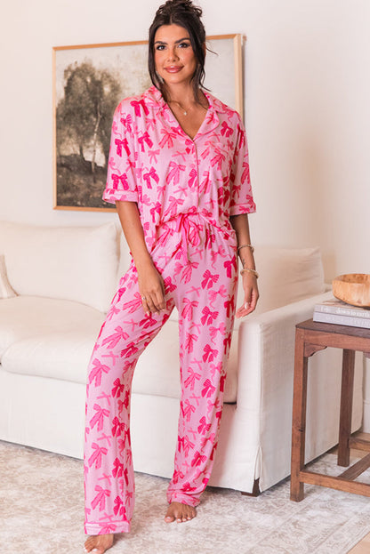 Pink Bow Knot Print Lapel Collar Short Sleeve and Pants Pajamas Set. GCollection