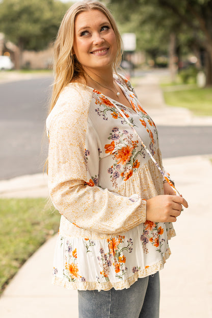 White Floral Print V Neck Puff Sleeve Blouse. PSCollection