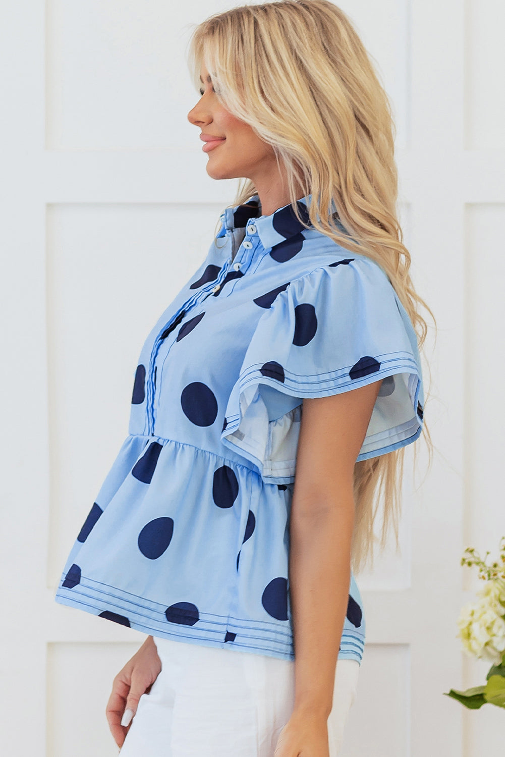 Sky Blue Polka Dot Print Ruffled Blouse. GCollection