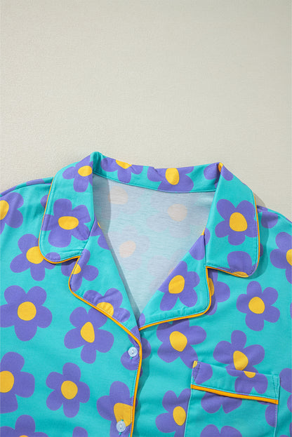 Teal Flower Print Long Sleeve Pajamas Set. GCollection