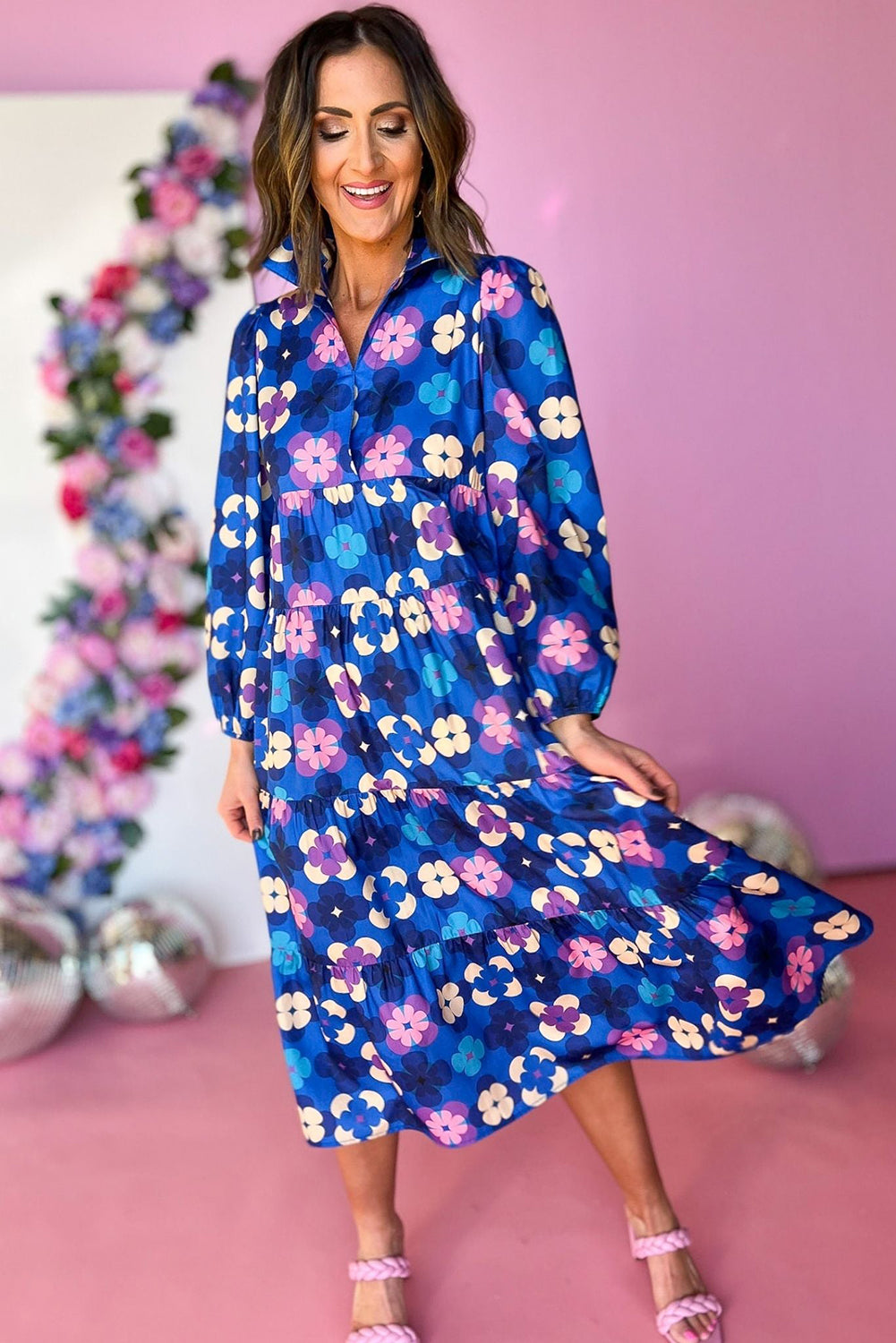 Blue Floral Tiered Ruffle Midi Dress. GCollection