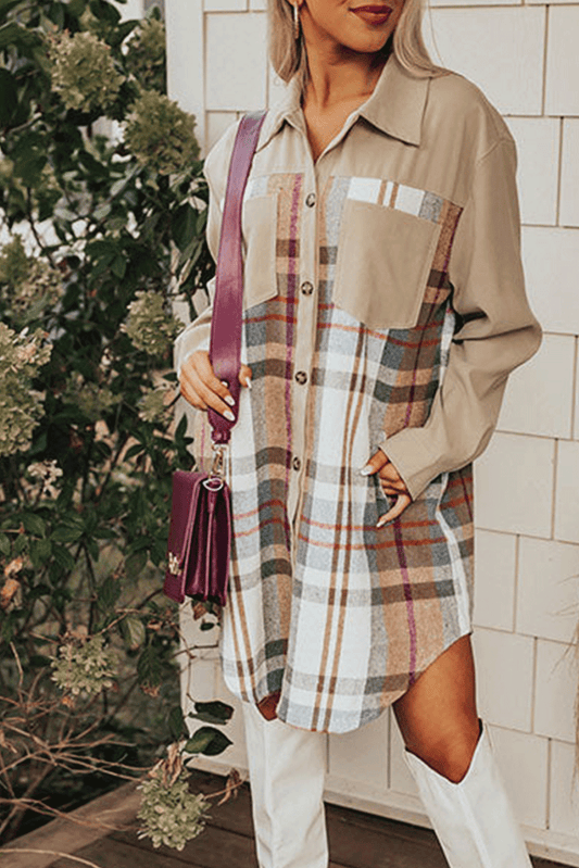 Khaki Plaid Long Sleeve Shirt Dress. GCollection