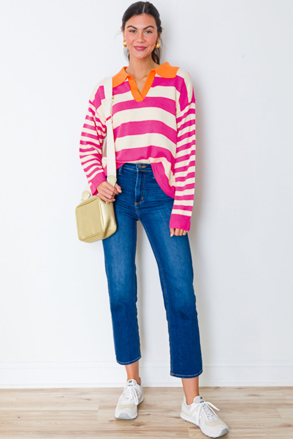 Rose Stripe Color Block Collared V Neck Drop Shoulder Sweater. GCollection