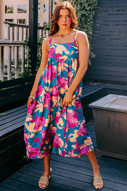 Dark Blue Floral High Waist Long Dress. GCollection