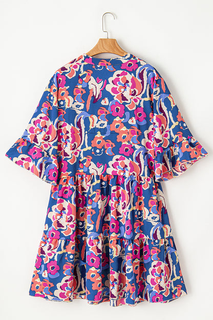 Floral Print Ruffled 3/4 Sleeve Mini Dress. PSCollection