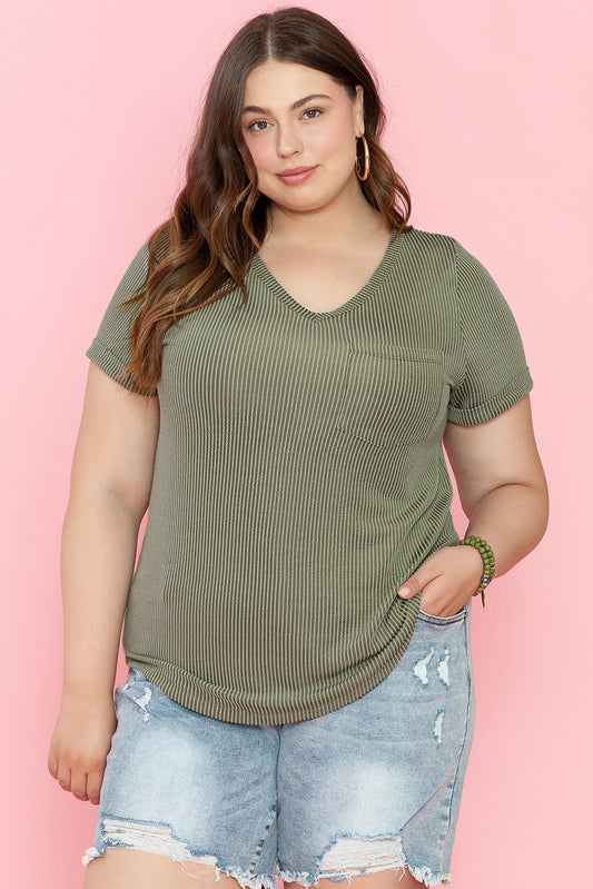 Mist Green Plus Corded V Neck Tee. PSCollection