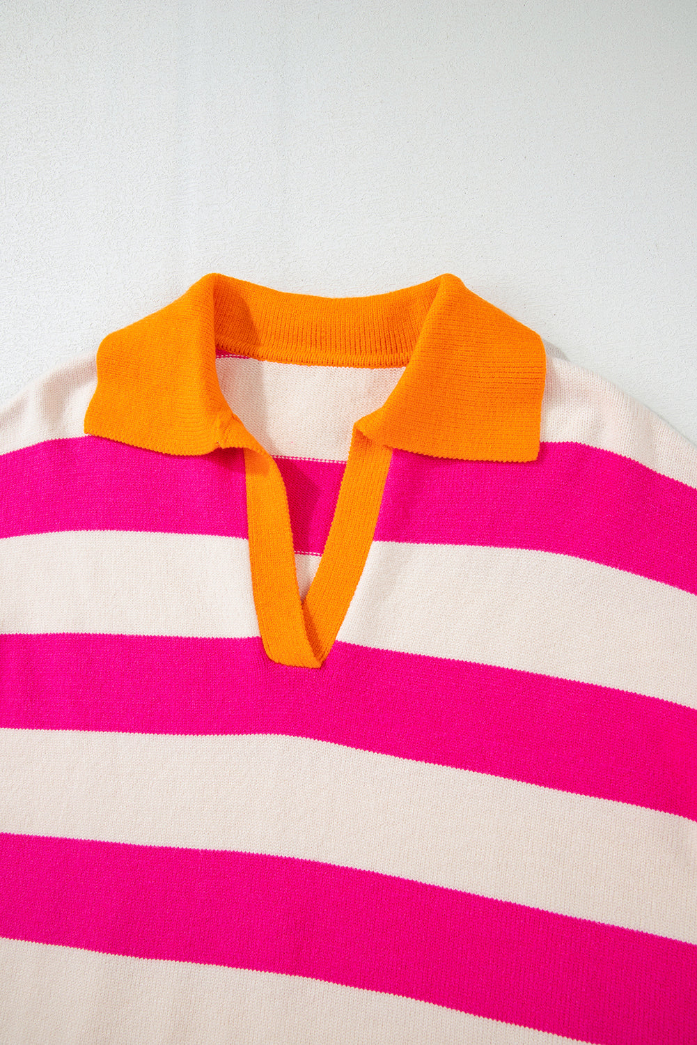 Rose Stripe Color Block Collared V Neck Drop Shoulder Sweater. GCollection