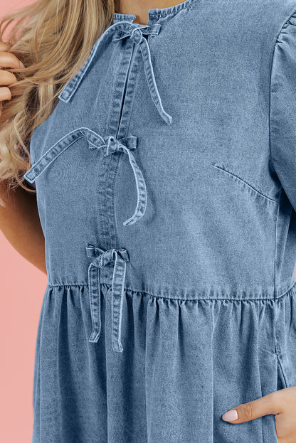 Blue Bowknot Bubble Sleeve Short Denim Dress. GCollection