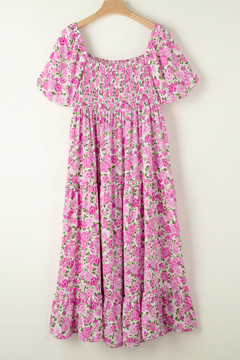 Pink Floral Print Smocked Puff Sleeve Dress. PSCollection