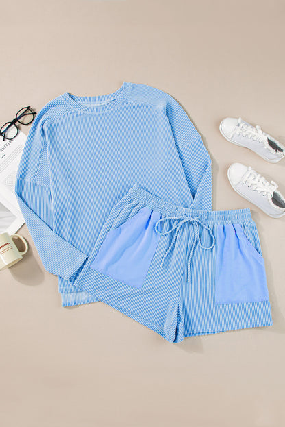 Light Blue Ribbed Long Sleeve Top and Drawstring Shorts Set. PSCollection