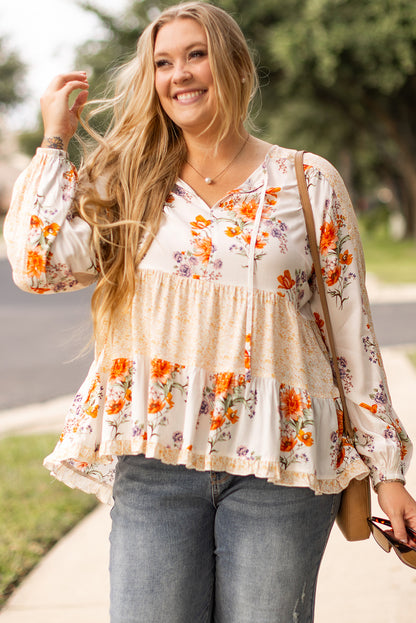 White Floral Print V Neck Puff Sleeve Blouse. PSCollection