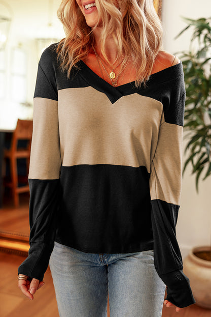 Colorblock Long Sleeve V Neck Top. GCollection