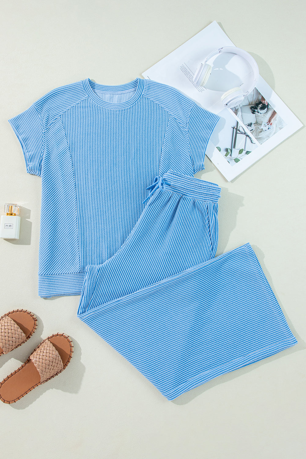 Blue Solid Corded Knit Short Sleeve Set. GCollection