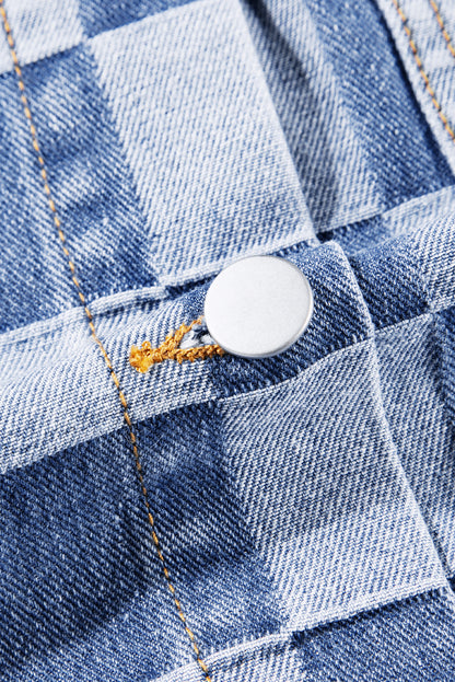 Light Blue Checkered Button up Denim Jacket. GCollection