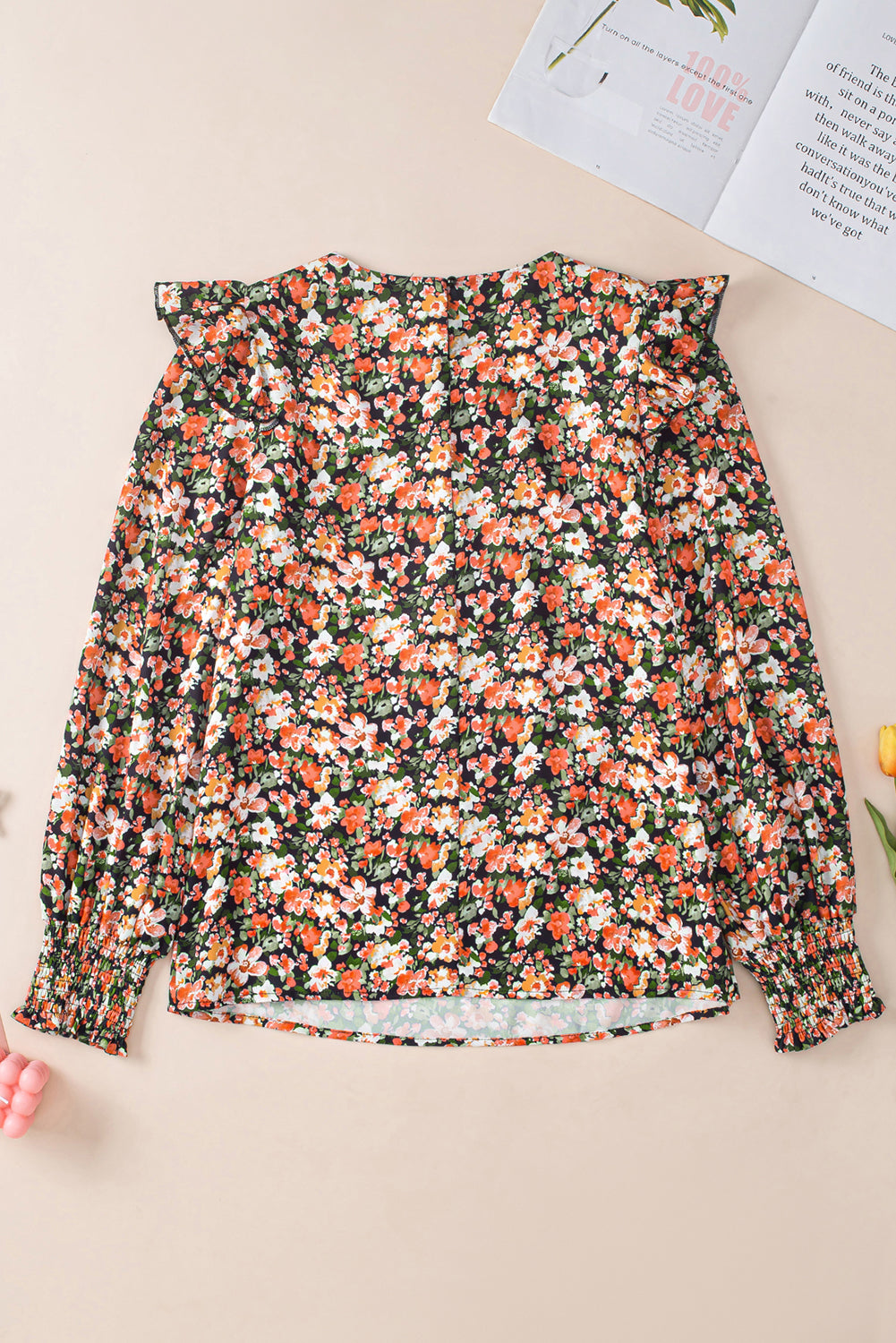 Orange Ruffle Trim Floral Blouse. GCollection