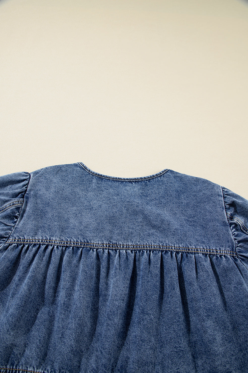 Sail Blue Plus  V Neck Puff Sleeve Denim Blouse. PSCollection