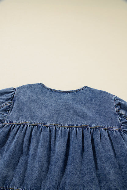 Sail Blue Plus  V Neck Puff Sleeve Denim Blouse. PSCollection