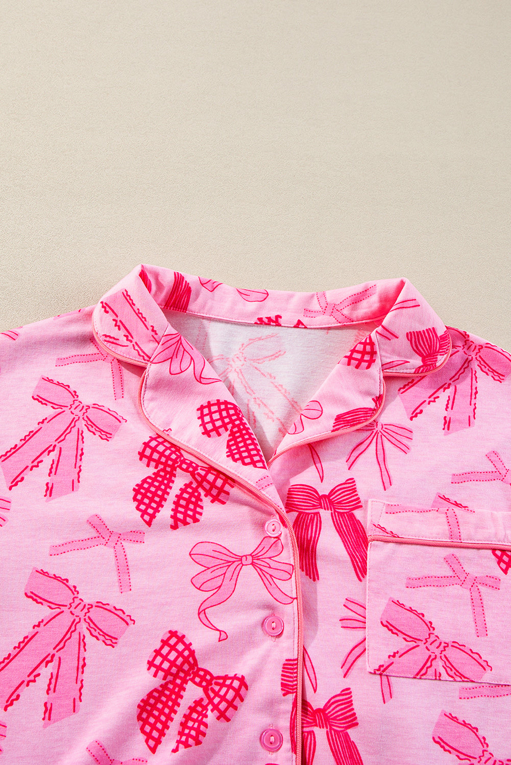 Pink Bow Knot Print Lapel Collar Short Sleeve and Pants Pajamas Set. GCollection