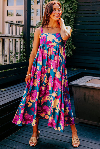 Dark Blue Floral High Waist Long Dress. GCollection