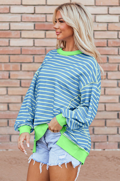 Sky Blue Stripe Contrast Trim High Tunic Sweatshirt. GCollection