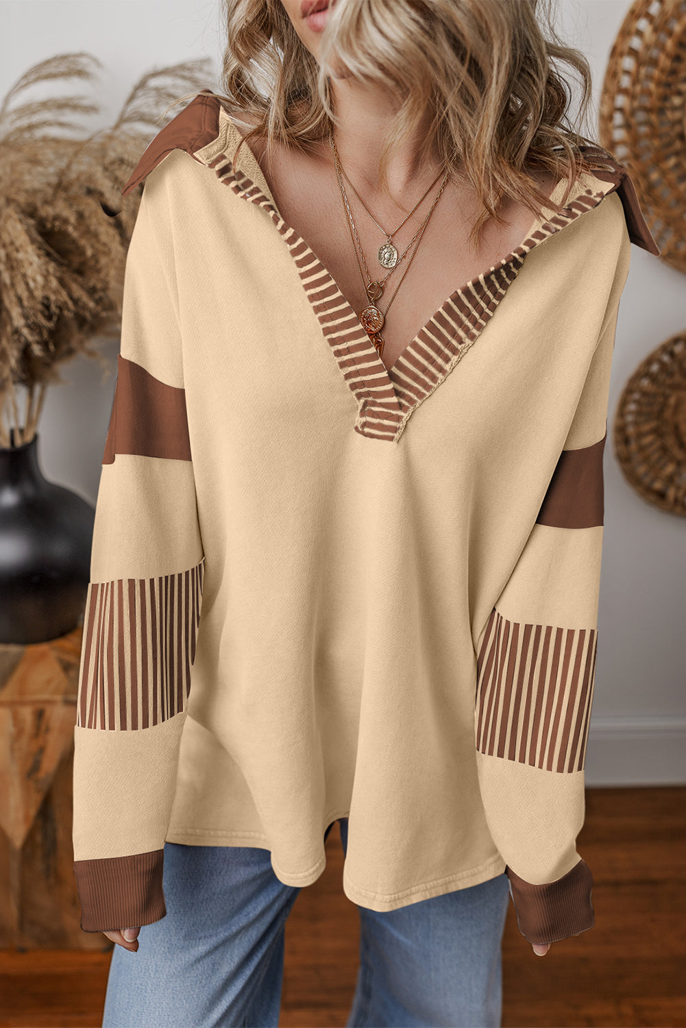 Light French Beige Striped Colorblock Patchwork Collar Sweatshirt. GCollection