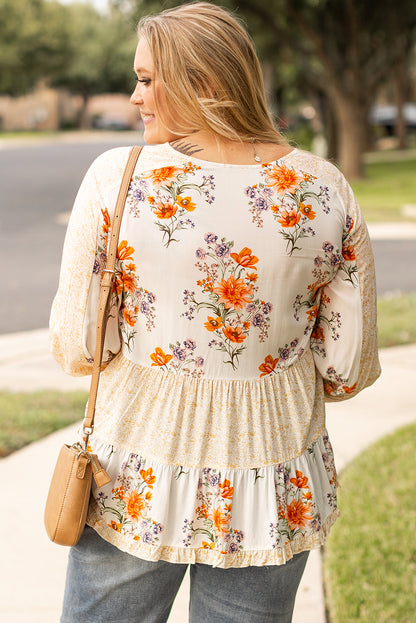 White Floral Print V Neck Puff Sleeve Blouse. PSCollection