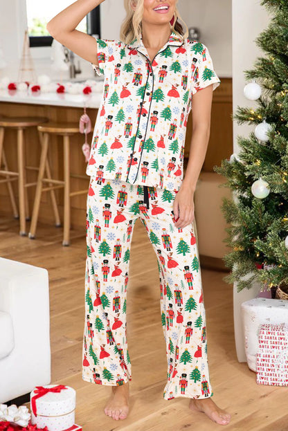 White Printed Christmas Two Piece Sleepwear. GCollection