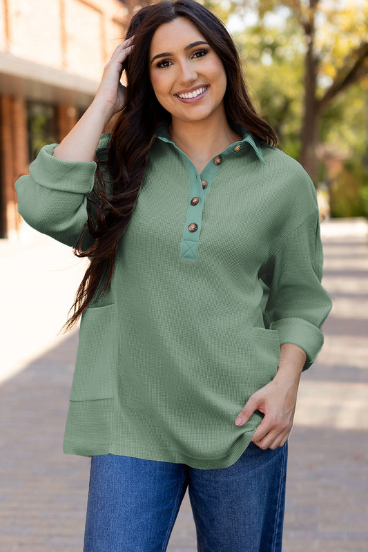 Smoke Green Waffle Half Button Loose Top. GCollection