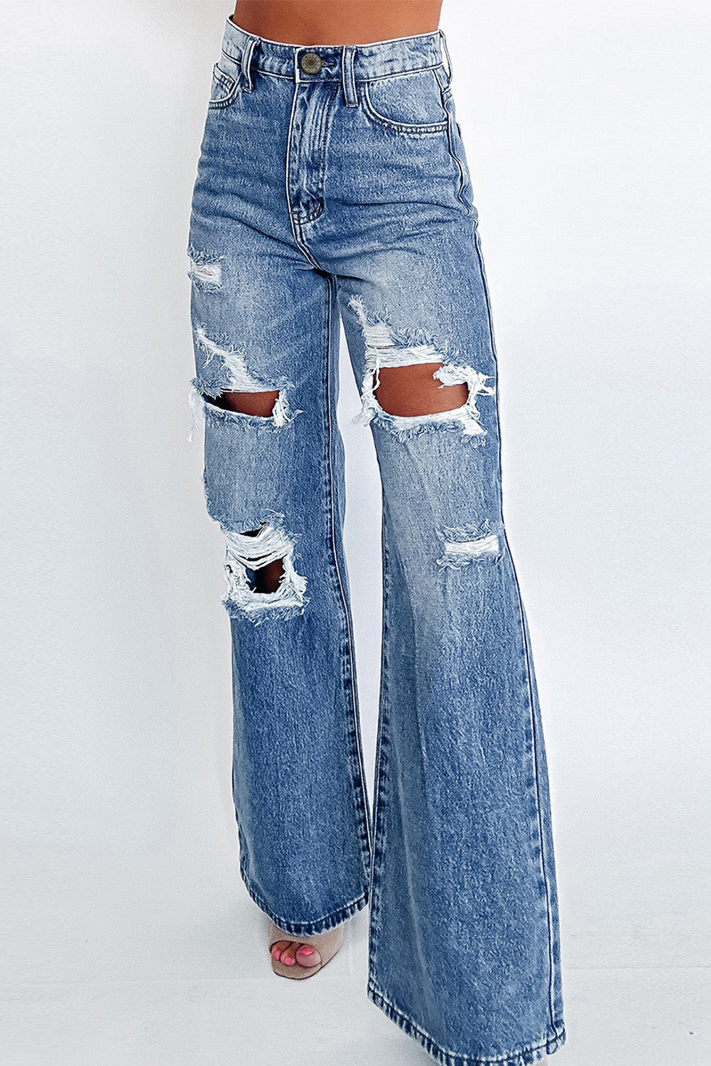 Blue Acid Wash Distressed Wide Leg High Waist Jeans. GCollection